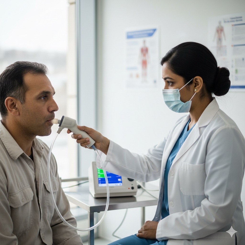 Rischi nelle imprese edili:Dettaglio di un medico del lavoro che esegue un test di spirometria a un lavoratore per monitorare la salute dell'apparato respiratorio
