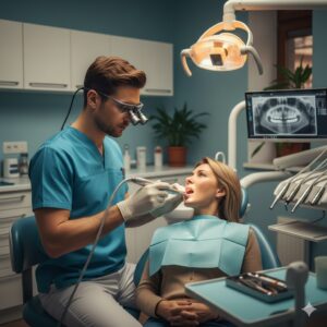 Rischi nello studio dentistico: Fotografia realistica di un dentista al lavoro con lenti di ingrandimento, schiena dritta, collo eretto e spalle rilassate mentre opera su un paziente in poltrona regolata all'altezza ottimale, illuminazione professionale calda, ambiente studio odontoiatrico moderno"