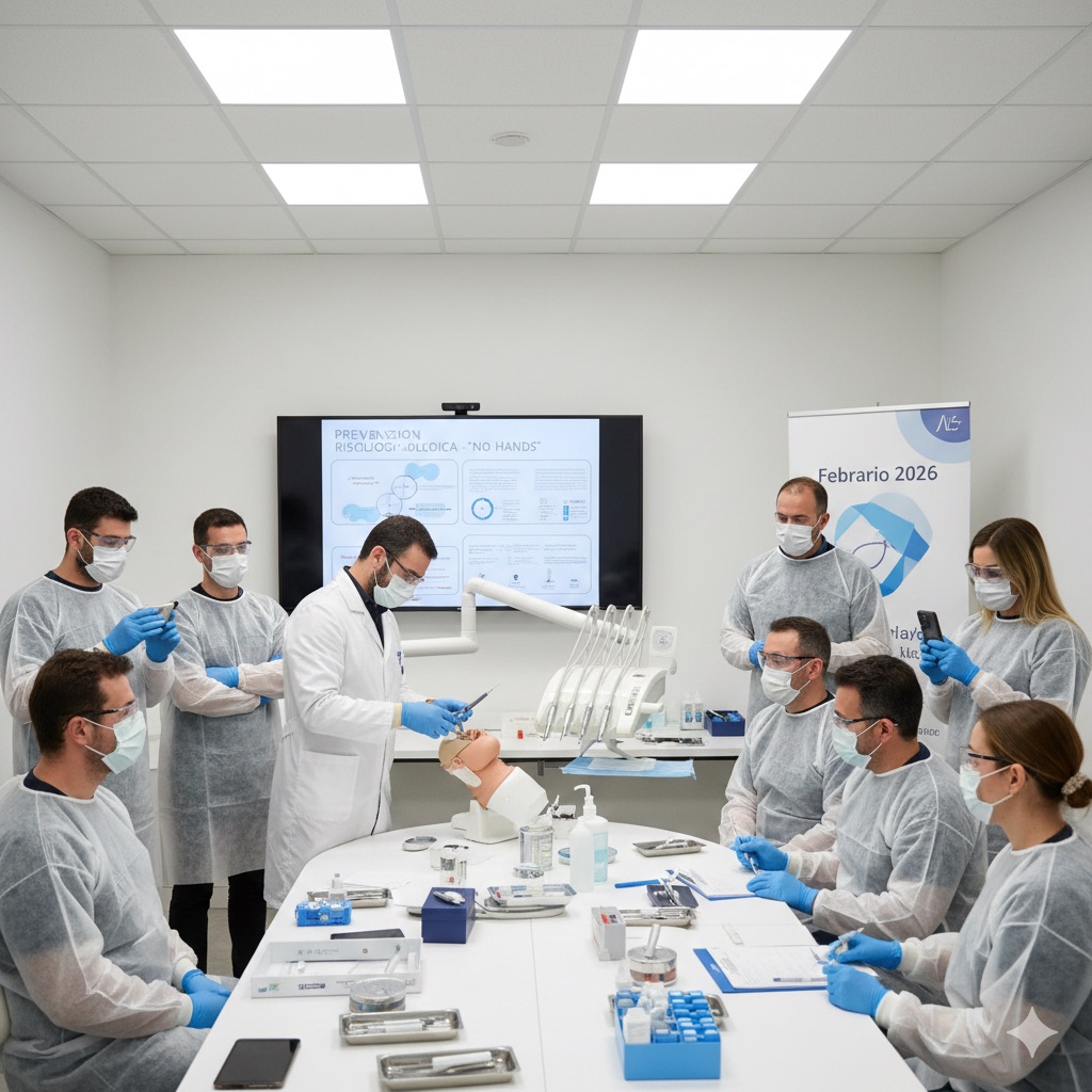 Rischi nello studio dentistico: Fotografia dinamica di un gruppo di dentisti e assistenti riuniti in aula formativa mentre partecipano a un corso pratico su prevenzione rischio biologico, con istruttore che dimostra l'uso di dispositivi di sicurezza attiva su manichino"