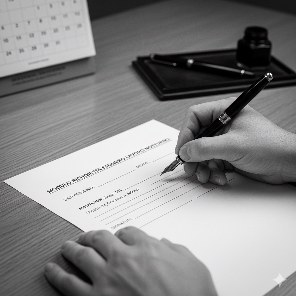 Esonero dal Lavoro Notturno: Fotografia in bianco e nero di mani che compilano un modulo di richiesta di esonero dal lavoro notturno su una scrivania in legno, sfondo sfocato con calendario e penna stilografica