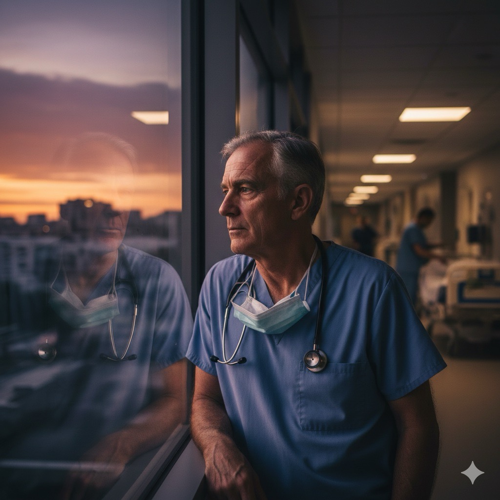 Esonero dal Lavoro Notturno: Immagine realistica di un anziano infermiere over 60 che sorride sollevato mentre riceve una lettera di ricollocazione in turno diurno da un collega, ambiente ospedaliero al tramonto