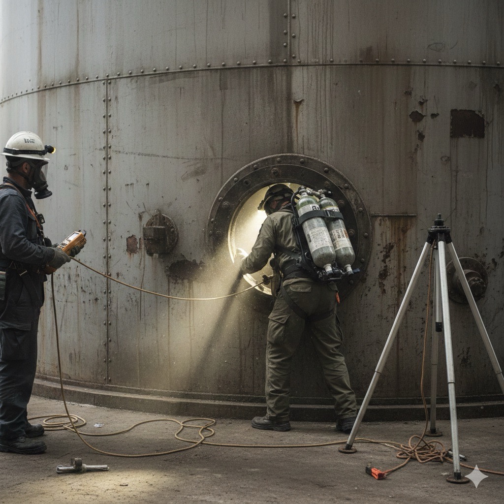 Spazi confinati: Fotografia realistica di un operaio con autorespiratore a bombola dorsale che entra in una cisterna metallica industriale attraverso un'apertura circolare ristretta, illuminazione da frontalino, atmosfera polverosa, stile documentaristico