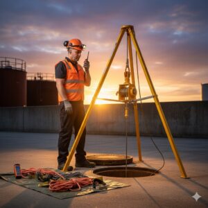 Spazi confinati: mmagine fotografica di un addetto alla vigilanza esterna in piedi accanto a un pozzo di ispezione, collegato via radio all'operatore all'interno, con treppiede di recupero montato e verricello pronto all'uso, luce naturale del tramonto