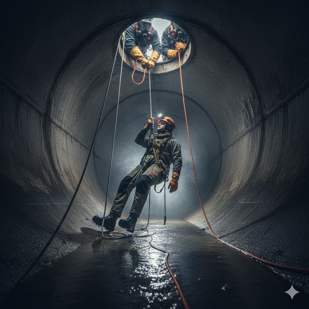 Spazi confinati: Scatto realistico di un team di soccorso che esegue un'esercitazione di recupero in una condotta fognaria, operatore sollevato con imbracatura e dispositivo a barra rigida, DPI completi, ambiente umido con riflessi sull'acqua