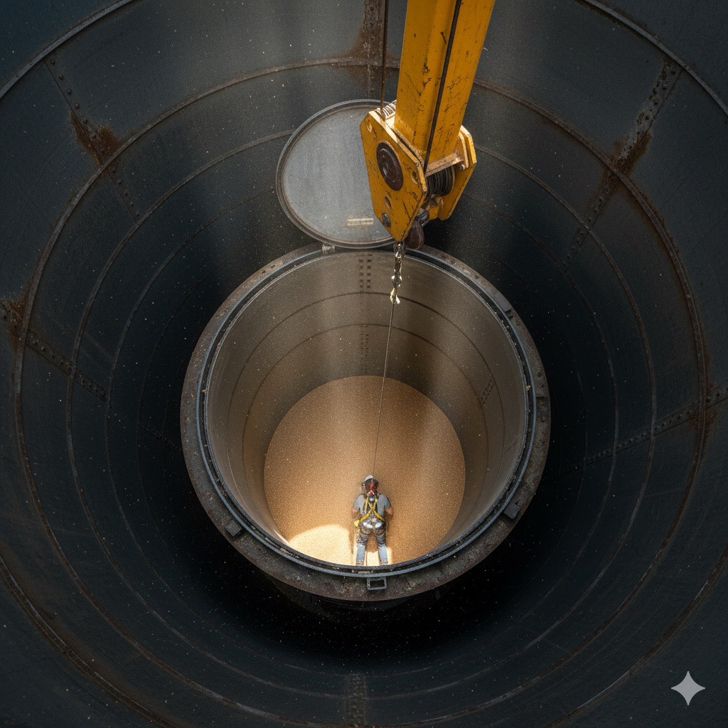 Spazi confinati: Immagine realistica di un silos agricolo aperto dall'alto, con operatore all'interno visibile parzialmente, sistema anticaduta con cordino ancorato al treppiede esterno, grano parzialmente presente sul fondo