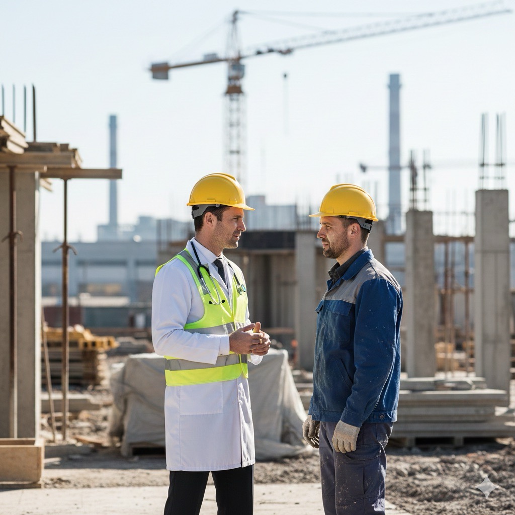 Droga e alcol sul lavoro: Fotografia realistica di un medico del lavoro indossante camice bianco sopra abiti professionali, casco di sicurezza giallo e giubbotto rifrangente, mentre conversa con un operaio edile in un cantiere luminoso. Sfoco leggero sullo sfondo industriale, illuminazione naturale diurna, alta definizione, stile documentaristico