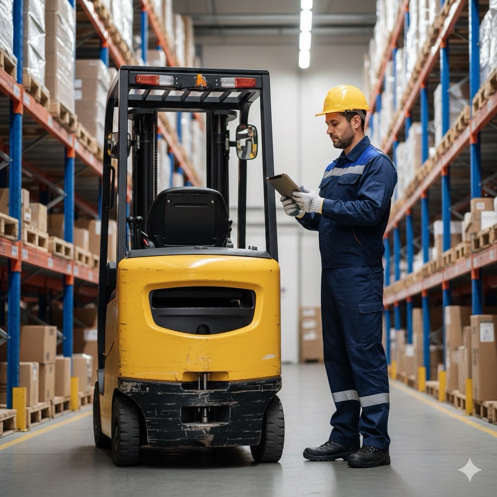 Droga e alcol sul lavoro: Lavoratore industriale in uniforme blu scuro e DPI completi (casco, scarpe antinfortunistiche) mentre controlla la lista di carico accanto a un muletto giallo in un magazzino ordinato. Luce artificiale diffusa, prospettiva laterale, immagine chiara e sicura.