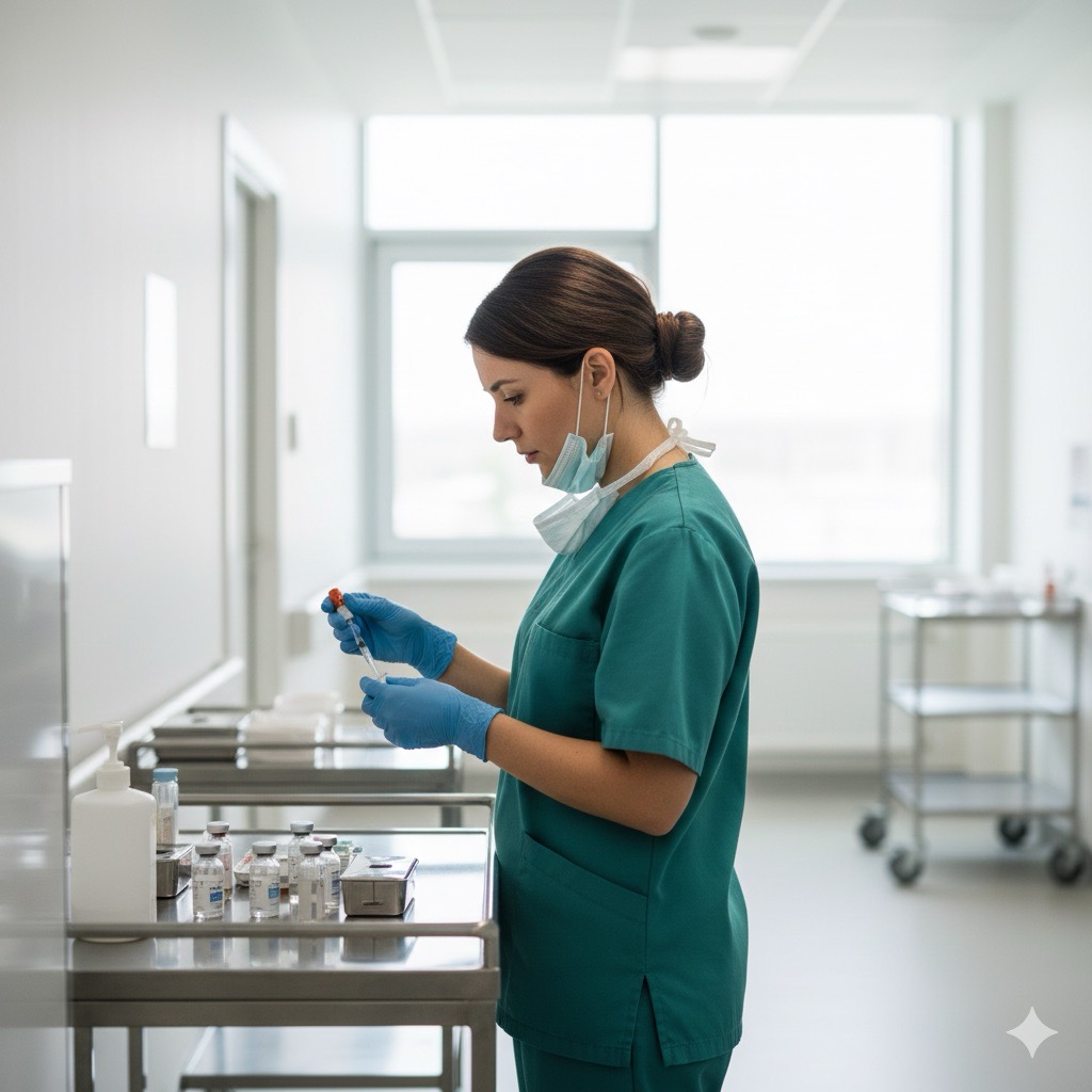 Droga e alcol sul lavoro: Infermiere o operatore sanitario in corsia ospedaliera luminosa mentre prepara farmaci con attenzione concentrata. Indossa divisa verde chirurgica, ambiente sterile, profondità di campo che isola il soggetto, fotografia realistica di settore medico.