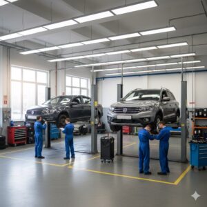 Rischi sul lavoro nelle officine meccaniche: Fotografia realistica ad alta risoluzione di un'officina meccanica moderna e ordinata, due veicoli sollevati sui ponti, meccanici in tuta blu al lavoro, illuminazione industriale diffusa, atmosfera professionale e sicura, stile documentaristico.