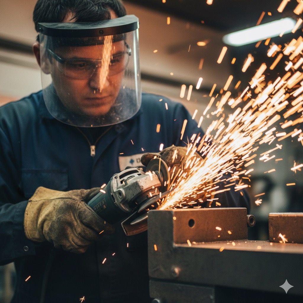 Rischi sul lavoro nelle officine meccaniche: Primo piano macro fotorealistico di un meccanico che utilizza una smerigliatrice angolare su un pezzo metallico, scintille luminose che volano, il lavoratore indossa occhiali di protezione trasparenti e visiera, focus sugli occhi e sulle scintille, profondità di campo ridotta