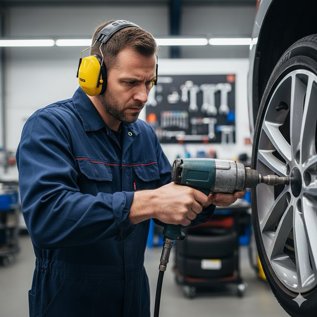 Rischi sul lavoro nelle officine meccaniche: Ritratto realistico di un meccanico che utilizza un avvitatore pneumatico su un cerchio in lega, indossa cuffie antirumore gialle sopra le orecchie, espressione concentrata, sfondo officina leggermente sfocato, alta definizione.