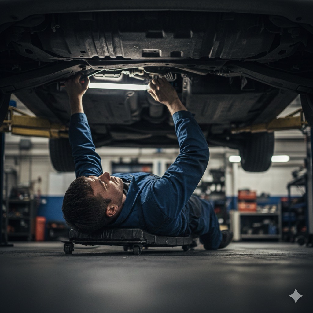 Rischi sul lavoro nelle officine meccaniche: Fotografia a livello del suolo di un meccanico sdraiato su un carrellino sotto un veicolo sollevato, schiena flessa, braccia alzate per lavorare sul sottomotore, illuminazione drammatica che evidenzia la postura, stile reportage