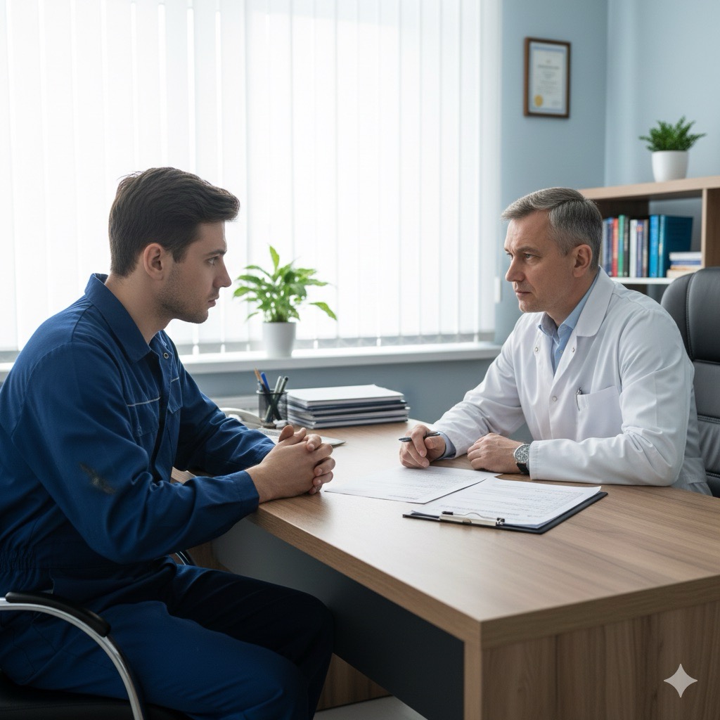 Rischi sul lavoro nelle officine meccaniche: Fotografia ambientata in uno studio medico luminoso, un medico in camice bianco seduto alla scrivania che parla con un lavoratore in tuta da officina, atmosfera seria e professionale, cartella clinica aperta sul tavolo, realismo fotografico