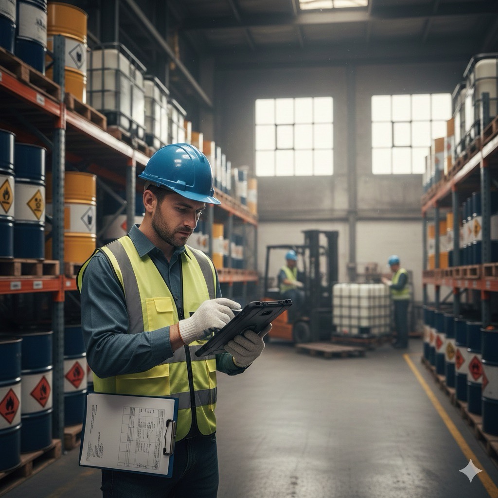 Rischio chimico: Fotografia realistica ad alta risoluzione di un responsabile della sicurezza industriale che consulta una Scheda di Dati di Sicurezza (SDS) su un tablet, in piedi accanto a fusti chimici etichettati, illuminazione naturale da magazzino,
