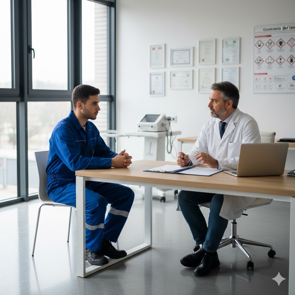 Rischio chimico: Fotografia ambientata in uno studio medico luminoso e moderno, un medico competente in camice bianco seduto alla scrivania che colloquia con un lavoratore in tuta operativa, atmosfera seria e professionale, cartella clinica aperta