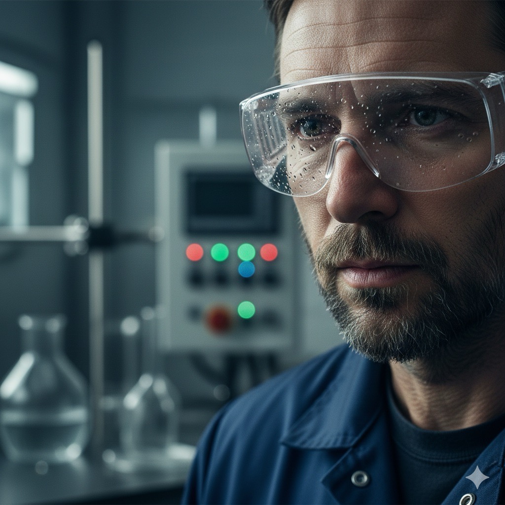 Rischio chimico: un lavoratore con occhiali protettivi, protezione contro schizzi chimici, stile documentaristico professionale.