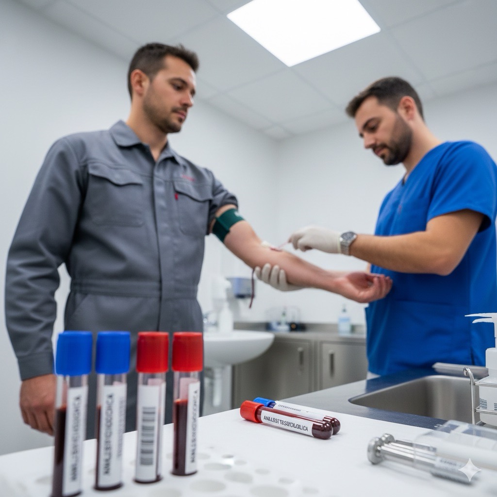 Rischio chimico: Immagine realistica di un infermiere che effettua un prelievo di sangue a un lavoratore in ambulatorio, provette etichettate per analisi tossicologiche in primo piano, illuminazione clinica pulita, focus sulla procedura sanitaria.