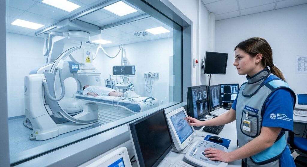 Rischio radiazioni: Interno di una moderna sala di radiologia ospedaliera, un tecnico di radiologia indossa un grembiule piombato e sta operando una console di controllo attraverso un vetro protettivo. Luce fredda clinica, atmosfera professionale e pulita, fotorealismo.