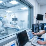 Rischio radiazioni: Interno di una moderna sala di radiologia ospedaliera, un tecnico di radiologia indossa un grembiule piombato e sta operando una console di controllo attraverso un vetro protettivo. Luce fredda clinica, atmosfera professionale e pulita, fotorealismo.
