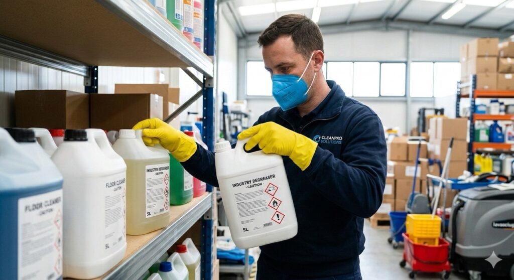 Rischi sul lavoro nelle Imprese di Pulizia: Fotografia realistica e professionale di un addetto alle pulizie indossante guanti in nitrile gialli e mascherina protettiva, mentre maneggia delicatamente flaconi di detergenti professionali con etichette di pericolo visibili, illuminazione da magazzino luminoso, alta definizione