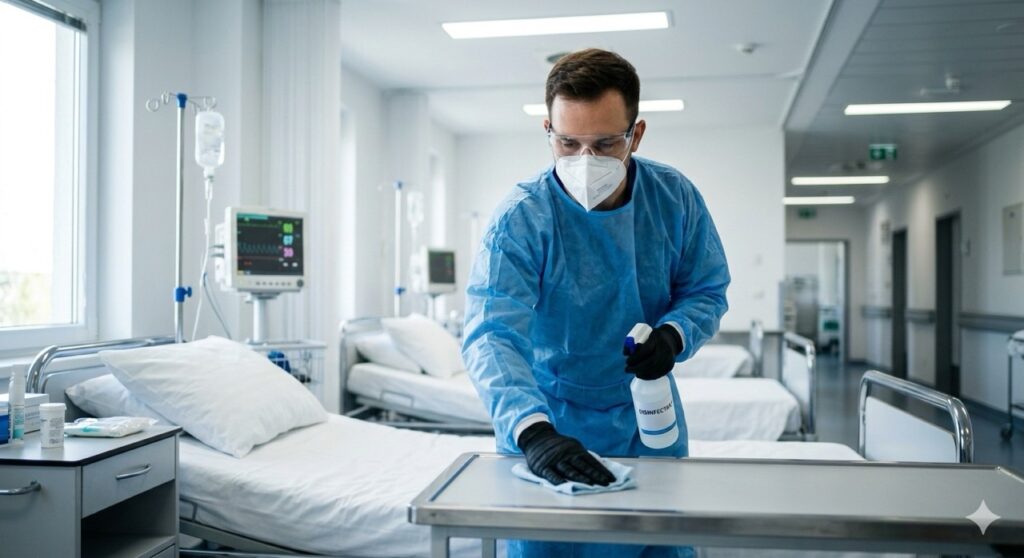 Rischi sul lavoro nelle Imprese di Pulizia: Foto realistica di operatore delle pulizie in reparto ospedaliero indossante camice monouso blu, mascherina FFP2 e occhiali protettivi, mentre sanifica una superficie vicino a un letto, atmosfera clinica e pulita, profondità di campo