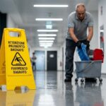Rischi sul lavoro nelle Imprese di Pulizia: Primo piano fotografico di un segnale giallo triangolare 'pavimento bagnato' posizionato su un pavimento lucido riflettente, sullo sfondo sfocato un addetto sta asciugando il liquido, illuminazione artificiale da corridoio.