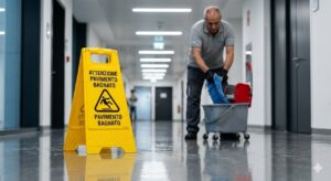 Rischi sul lavoro nelle Imprese di Pulizia: Primo piano fotografico di un segnale giallo triangolare 'pavimento bagnato' posizionato su un pavimento lucido riflettente, sullo sfondo sfocato un addetto sta asciugando il liquido, illuminazione artificiale da corridoio.