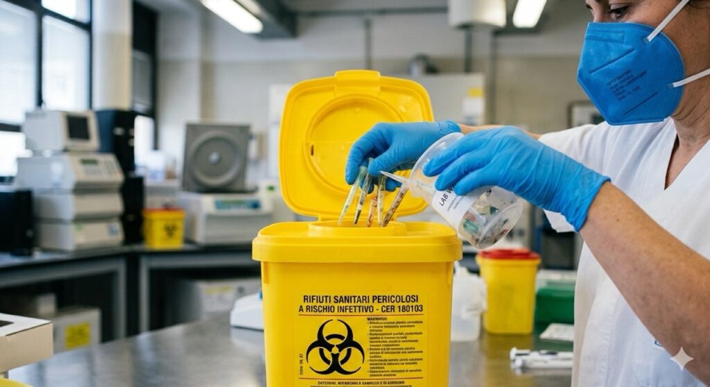 Rischi sul lavoro nelle Imprese di Pulizia: Dettaglio fotografico di mani guantate che inseriscono materiali di scarto in un contenitore rigido giallo per rifiuti sanitari pericolosi, ambiente laboratorio o ospedale, focus sulla procedura di smaltimento sicuro.
