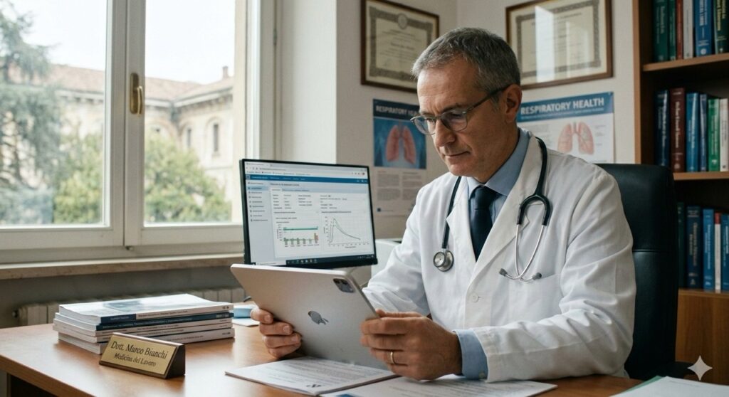 Rischio amianto sul lavoro: Ritratto professionale di un medico del lavoro nel suo studio, con camice bianco e stetoscopio, mentre analizza con attenzione una cartella sanitaria digitale su un tablet moderno. Luce naturale da una finestra, atmosfera di fiducia e competenza.
