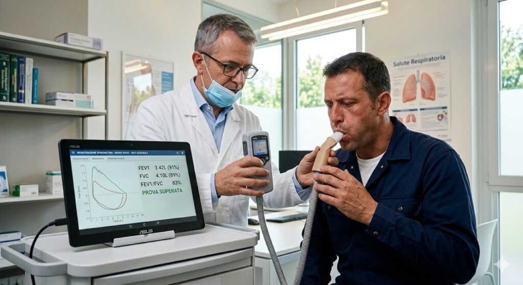 Rischio amianto sul lavoro: Primo piano dettagliato di un medico competente che esegue una spirometria a un lavoratore in una clinica moderna. Si vedono chiaramente il boccaglio e lo strumento digitale che mostra i grafici della funzione respiratoria.