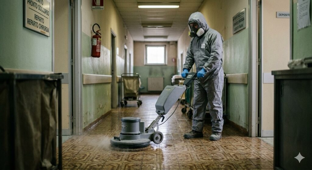 Rischio amianto sul lavoro: Un addetto alle pulizie industriali mentre utilizza una monospazzola su un vecchio pavimento in vinil-amianto. Indossa una semimaschera con filtro P3 e una tuta protettiva grigia. Luce soffusa in un corridoio ospedaliero datato.