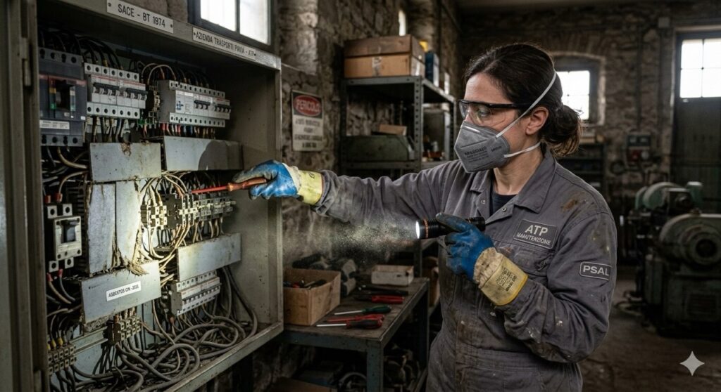 Rischio amianto sul lavoro: Un elettricista che lavora su un vecchio quadro elettrico anni '70. Indossa una maschera FFP3 e guanti protettivi, mentre opera con cautela vicino a pannelli isolanti grigi. La polvere è visibile nel raggio di luce della sua torcia.