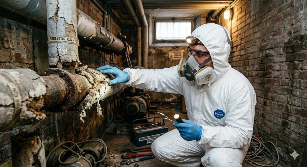 Rischio amianto sul lavoro: Un idraulico impegnato nella manutenzione di vecchie tubature coibentate in un seminterrato. Indossa una tuta protettiva con cappuccio e una semimaschera professionale, mentre ispeziona il rivestimento friabile.