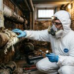 Rischio amianto sul lavoro: Un idraulico impegnato nella manutenzione di vecchie tubature coibentate in un seminterrato. Indossa una tuta protettiva con cappuccio e una semimaschera professionale, mentre ispeziona il rivestimento friabile.