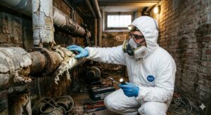 Rischio amianto sul lavoro: Un idraulico impegnato nella manutenzione di vecchie tubature coibentate in un seminterrato. Indossa una tuta protettiva con cappuccio e una semimaschera professionale, mentre ispeziona il rivestimento friabile.