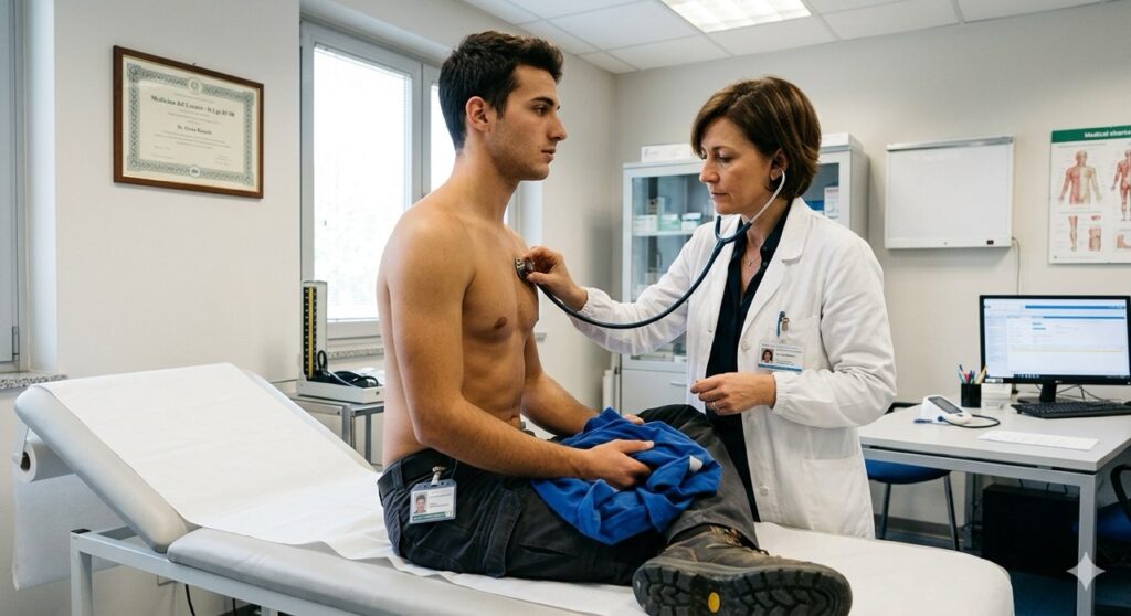 limitazioni sul lavoro:Fotografia realistica in un ambulatorio medico aziendale. Un medico del lavoro esegue un'auscultazione toracica su un lavoratore in uniforme da metalmeccanico