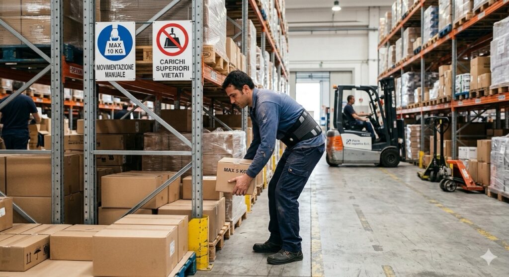 limitazioni sul lavoro:Foto realistica in un magazzino logistico. Un magazziniere con un tutore lombare visibile sopra la divisa solleva uno scatolone leggero (etichettato "MAX 5 KG"). Sullo sfondo, cartelli di divieto per carichi superiori. Focus sulla postura corretta e limitata.