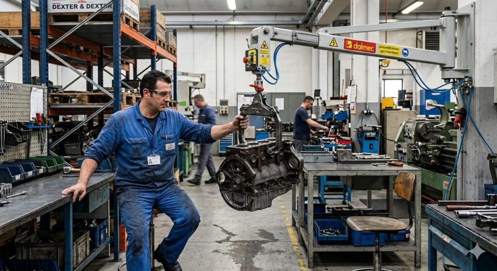 limitazioni sul lavoro:Fotografia realistica in un'officina meccanica. Un operaio con limitazioni alla schiena utilizza un manipolatore pneumatico (gru a bandiera) per sollevare un pezzo motore pesante senza sforzo fisico. Focus sull'uso della tecnologia per l'adattamento della mansione.