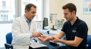 Tunnel Carpale: Fotografia medica fotorealistica e pulita, all'interno di un ambulatorio aziendale luminoso. Un medico del lavoro indossa un camice bianco e sta eseguendo il test di Tinel: picchietta leggermente con un martelletto riflessi sul polso di un lavoratore seduto di fronte a lui