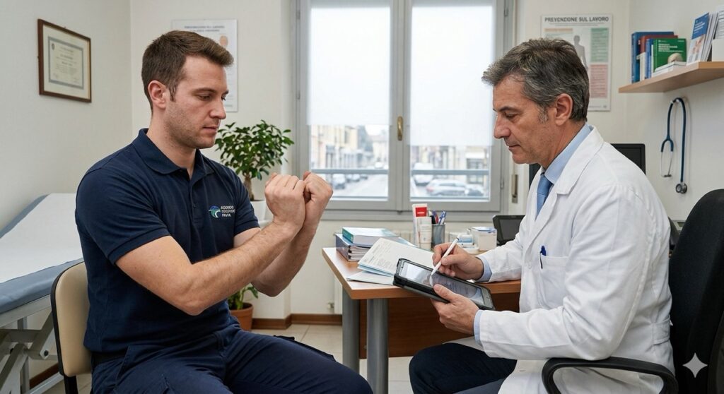 Tunnel Carpale: Scatto medio, fotorealistico, di un medico competente che osserva un lavoratore mentre esegue la manovra di Phalen (polsi flessi l'uno contro l'altro a 90°). Entrambi sono seduti in un ufficio medico sobrio. Il medico prende appunti su una cartella clinica digitale (tablet).