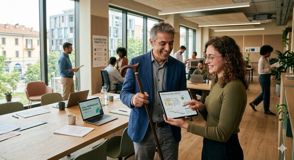 Categorie protette: Fotografia realistica in un ufficio moderno e luminoso. Un uomo di mezza età con una lieve disabilità motoria (usa un bastone elegante) sorride mentre discute di un progetto su un tablet con una giovane collega. Atmosfera collaborativa e professionale. Luce naturale.