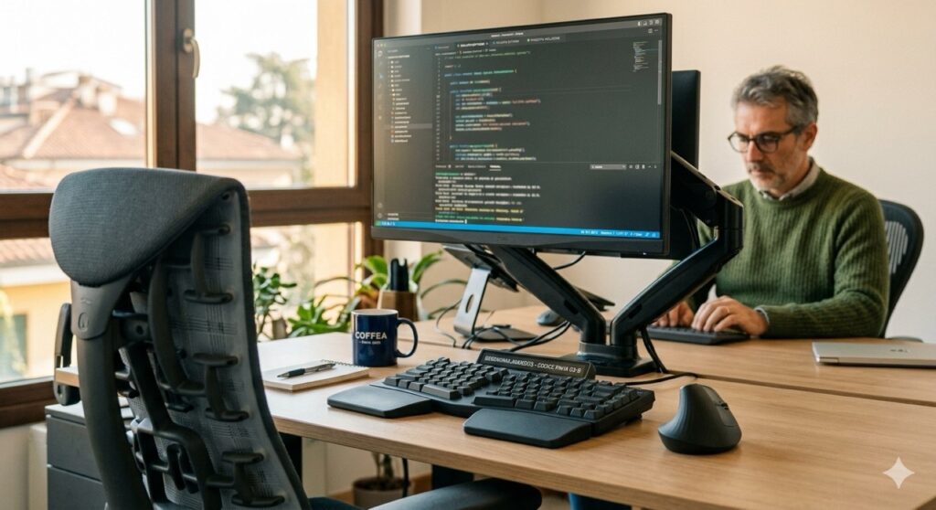 Categorie protette: Dettaglio fotografico su una postazione di lavoro ergonomica avanzata. Si vedono una sedia ergonomica specifica, una tastiera divisa e un monitor regolato all'altezza degli occhi. Sullo sfondo, sfocato, un lavoratore svolge le sue mansioni. Atmosfera produttiva e confortevole.