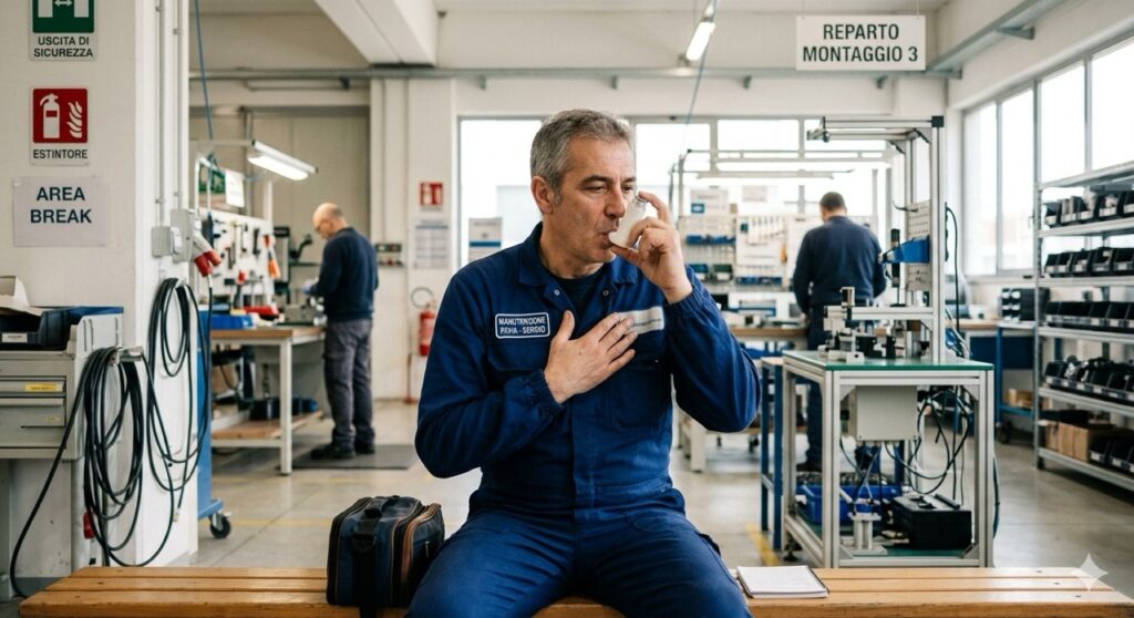 Categorie protette: Un lavoratore in un ambiente industriale leggero poggia brevemente una mano sul petto mentre usa un inalatore spray. Indossa una divisa da lavoro pulita. Lo scatto cattura l'aspetto della gestione della salute sul luogo di lavoro. Fotografia documentaristica, grana leggera.