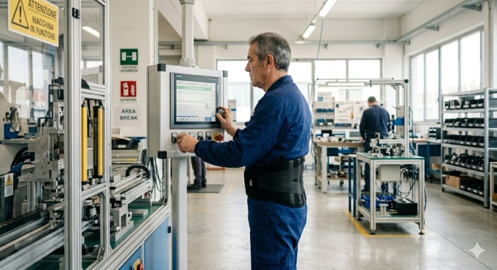 Categorie protette: Un lavoratore indossa un supporto lombare sopra la divisa mentre aziona un macchinario tramite un pannello di controllo ad altezza uomo, evitando di piegarsi. Scatto laterale che evidenzia la postura corretta e l'uso del supporto. Ambiente di produzione pulito.