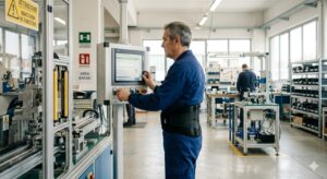 Categorie protette: Un lavoratore indossa un supporto lombare sopra la divisa mentre aziona un macchinario tramite un pannello di controllo ad altezza uomo, evitando di piegarsi. Scatto laterale che evidenzia la postura corretta e l'uso del supporto. Ambiente di produzione pulito.