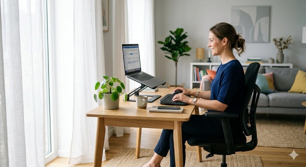 Legge 34-2026: Fotografia realistica e luminosa di una postazione di lavoro agile allestita correttamente in un soggiorno moderno. Una donna è seduta su una sedia ergonomica con supporto lombare, i piedi appoggiati a terra. Il monitor del laptop è sollevato all'altezza degli occhi su un supporto, e sono presenti tastiera e mouse esterni. Luce naturale proveniente da una finestra schermata da tende leggere per evitare abbagliamenti. Profondità di campo ridotta sullo sfondo domestico ordinato.