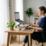 Legge 34-2026: Fotografia realistica e luminosa di una postazione di lavoro agile allestita correttamente in un soggiorno moderno. Una donna è seduta su una sedia ergonomica con supporto lombare, i piedi appoggiati a terra. Il monitor del laptop è sollevato all'altezza degli occhi su un supporto, e sono presenti tastiera e mouse esterni. Luce naturale proveniente da una finestra schermata da tende leggere per evitare abbagliamenti. Profondità di campo ridotta sullo sfondo domestico ordinato.