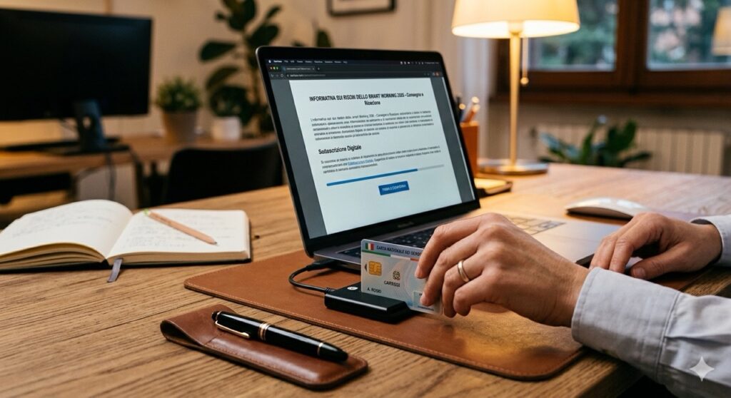 Legge 34-2026: Scatto ravvicinato e dettagliato su una scrivania in ordine. Una mano sta apponendo una firma digitale tramite una smart card letta da un dispositivo collegato a un laptop, confermando la ricezione dell'informativa sui rischi dello smart working 2026. Sullo schermo si intravede l'intestazione del documento normativo. Illuminazione d'ambiente calda e professionale.