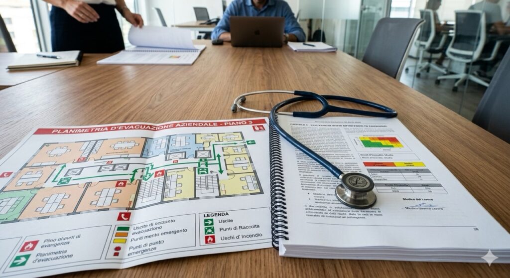 Rischio di incendio: Scatto ravvicinato e dettagliato (close-up) su un tavolo da riunione in un ufficio moderno. Sono stesi una planimetria d'evacuazione aziendale colorata, un Documento di Valutazione dei Rischi (DVR) aperto con il titolo ben visibile e un fonendoscopio appoggiato sopra i fogli.