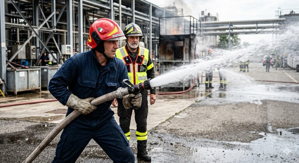 Rischio di incendio: Ritratto fotografico dinamico e realistico di un addetto antincendio aziendale durante un addestramento pratico. Indossa la divisa protettiva, elmetto e guanti, e sta impugnando con decisione una manichetta antincendio mentre un getto d'acqua potente esce dall'ugello. Sullo sfondo, un istruttore osserva.